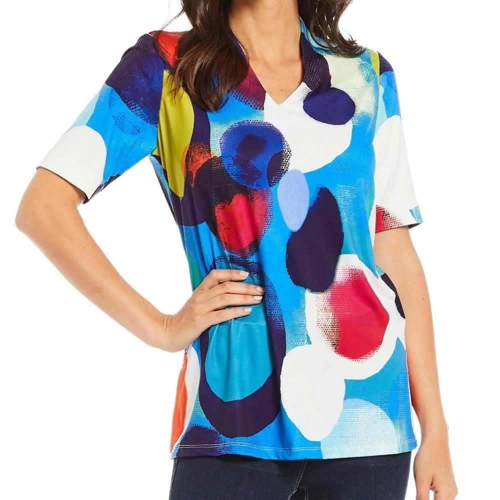 🔥 (5for$35) ALI MILES Modest V-Neck Short Sleeve colorful Polka-dot Blouse